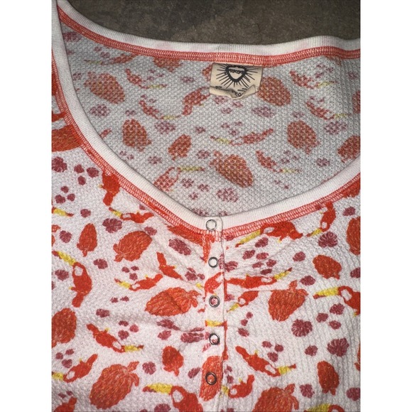Free People Womens Medium Orange White Long Sleeve 1/4 Button Shirt Henley - Picture 2 of 5
